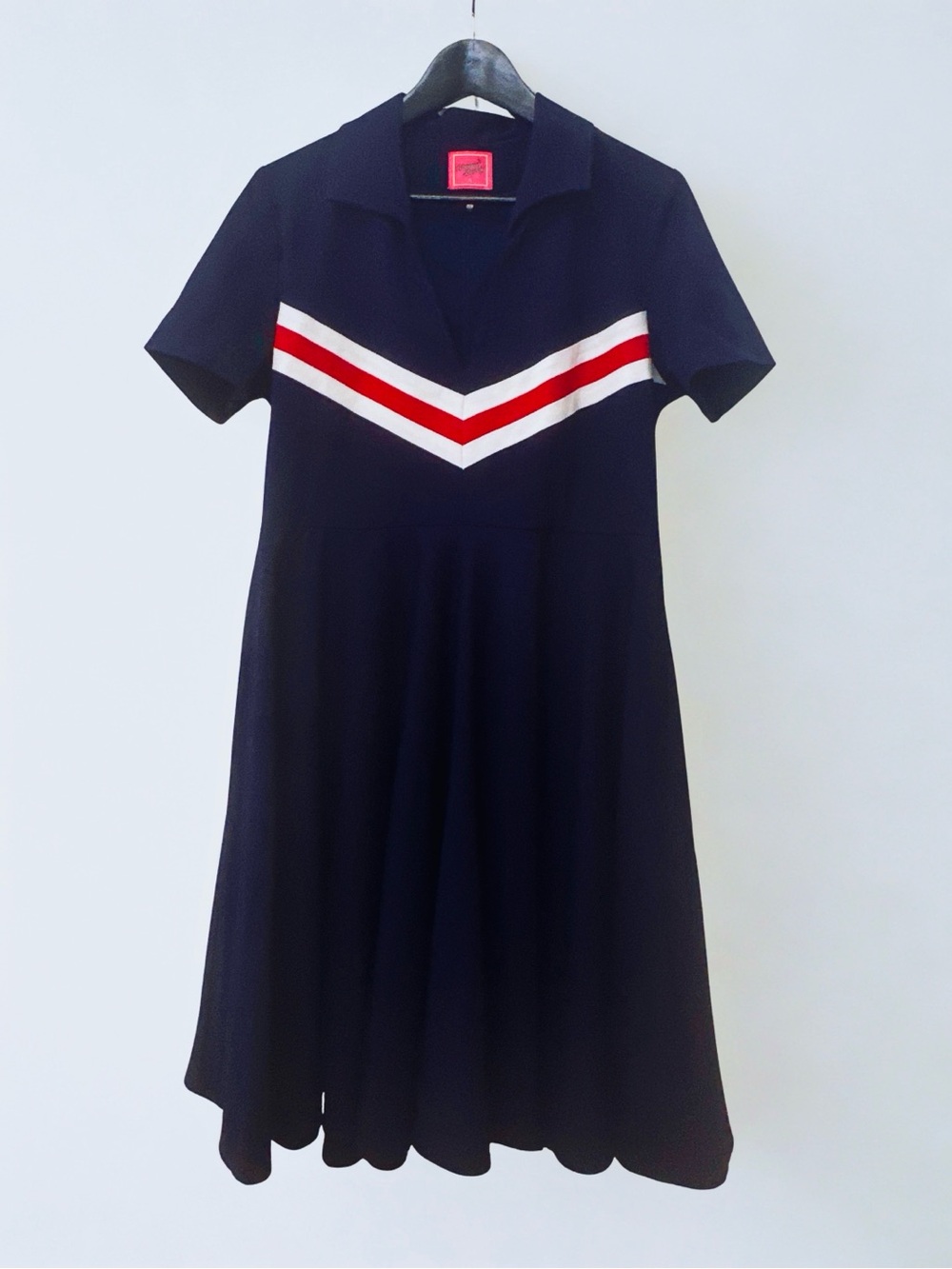 June Swing Dress in Navy Chevron-Stripe Polo Dress with Red & White Accents